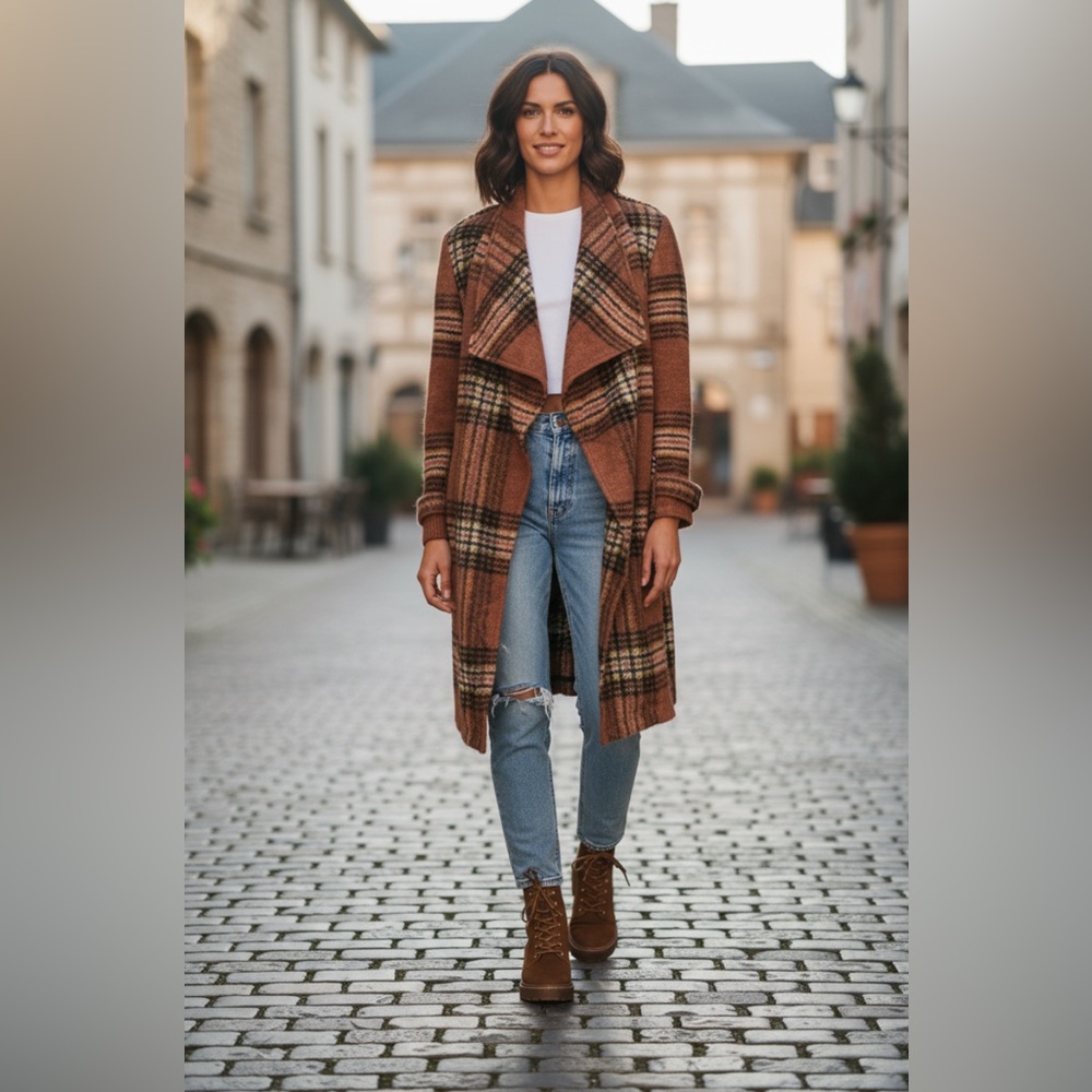 BB Dakota Steve Madden brown plaid open front jacket size large